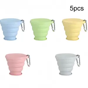 5 Pack Foldable Silicone Cups, Portable Snack Cups for Travel, Camping, Hiking, Durable, Reusable, Collapsible, Hook Lid