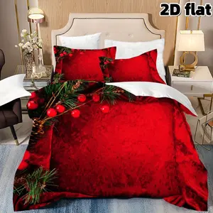 2D Flat 3Pcs Christmas Red Bedding with Pine Branches Berry Decor - Holiday Winter Festival Themed Duvet Cover - Luxury Velvet Microfiber Comforter Cover with Pillowcases - Bedroom Home Decoration Christmas Gift for Family Decorative Bedding Set