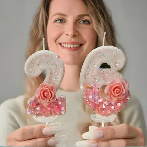 1pc Pink Romantic Rose Glitter Number Birthday Candles 0-9 with Stable Stand - Sparkly Floral Cake Topper for Wedding Anniversary Engagement - Shimmering Sweet Rose Flower Numeric Candle for Girls Birthday Party Supplies