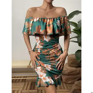 Dress Ruffle Shoulder Print Breezaya Floral Off Trim Ruched Bodycon
