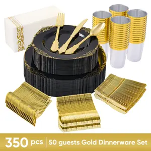 350 PCS Disposable Dinnerware Set -Blak & pink Plastic Plates, Cups, Cutlery for Wedding, Party Supplies - Elegant Design, Durable Material, Convenient for Outdoor Use