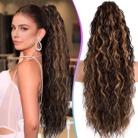 Female 30" Curly Drawstring Ponytail Extension with Claw Clip - Strong Hold, Fluffy Natural Look, Heat-Resistant Synthetic Water Wave Hair, Colorful Tinsel Kit, Casual Daily Ponytail Hairstyles