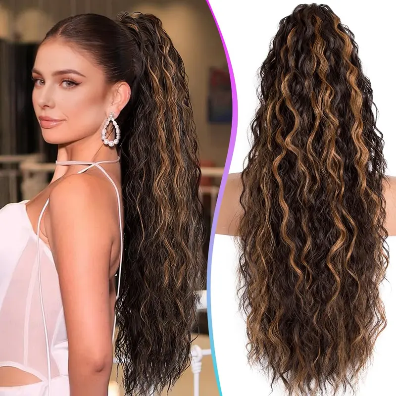 Female 30" Curly Drawstring Ponytail Extension with Claw Clip - Strong Hold, Fluffy Natural Look, Heat-Resistant Synthetic Water Wave Hair, Colorful Tinsel Kit, Casual Daily Ponytail Hairstyles