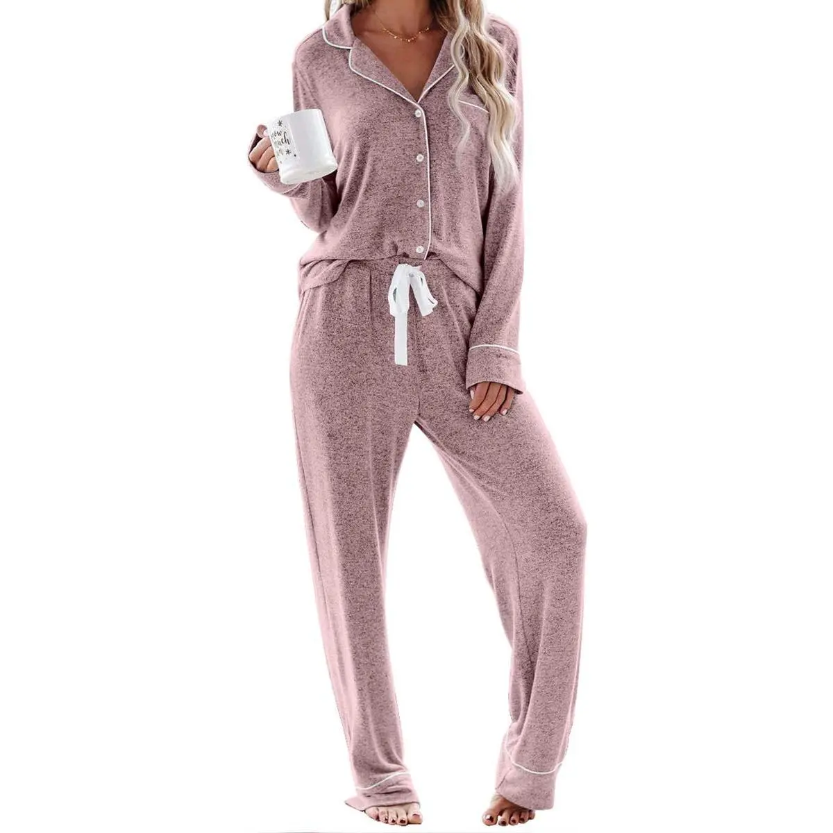 Women's 2-Piece Pajama Set, Soft Modal Jersey Button-Down Long Sleeve Loungewear, Comfy Nightwear with Drawstring Pants, Lady, Garment, Basic, Pyjamas, Longsleeves, Fit, Light, V-Neck Top, Two-Piece