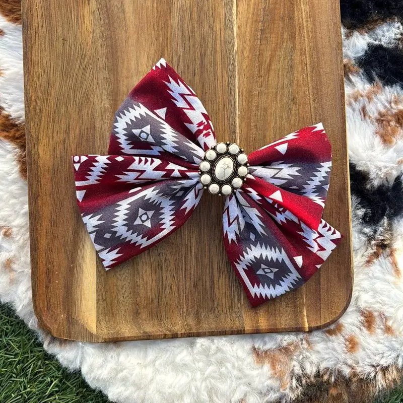 Short Red Azteca Western Hairclip Set - Hair Bow with Western Charm, Beaded Centerpiece for Outdoor Activities, Hair Decor, Bead-Based Hair Clips