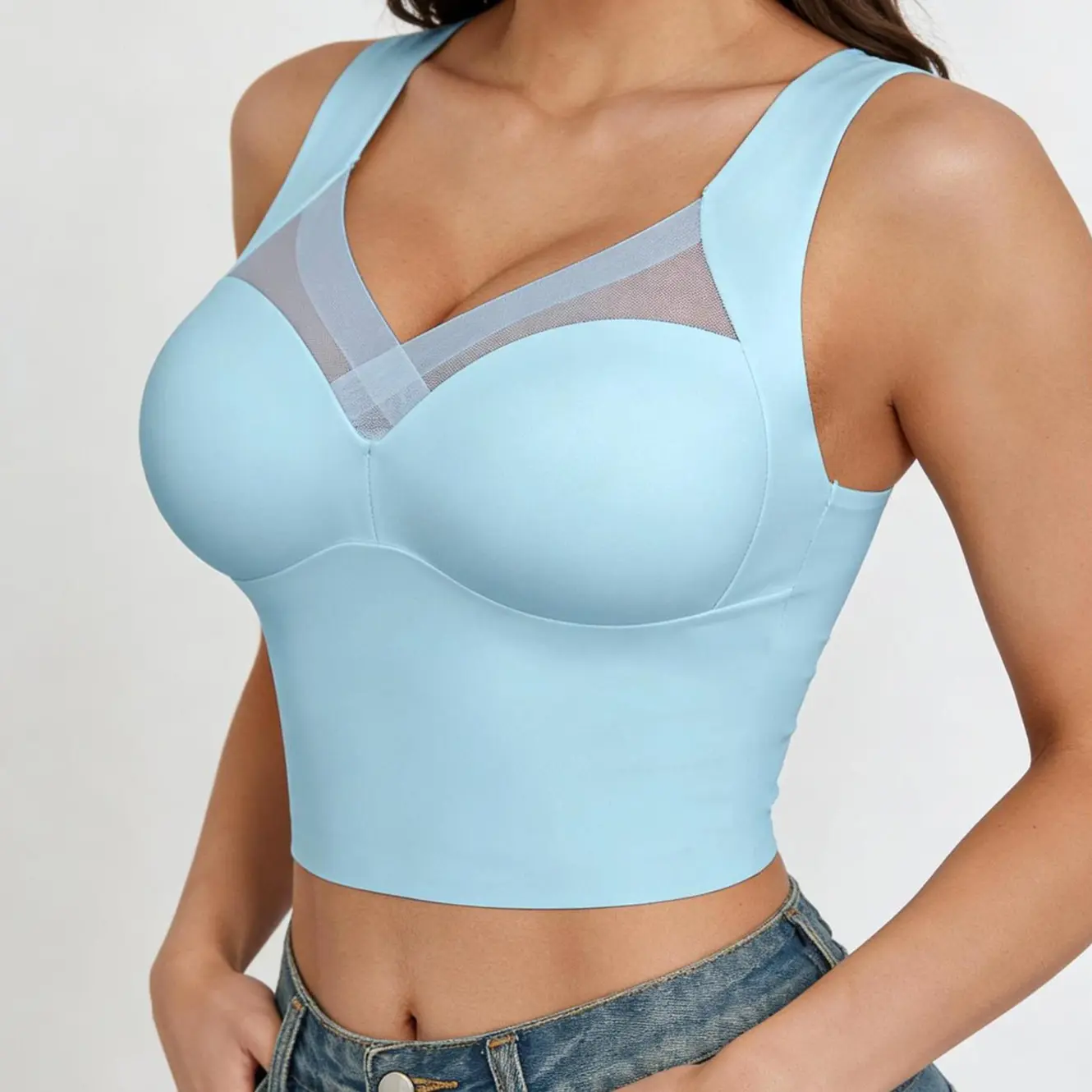 EssElegance Women's Seamless Longline Bra | Mesh Plunge V-Neck Wirefree Bralette | Smoothing Shapewear Crop Top Built-In Bra | Wide Strap Everyday Camisole | Invisible Basic Going Out Tank Top | Solid Color Athletic Yoga Activewear Cami