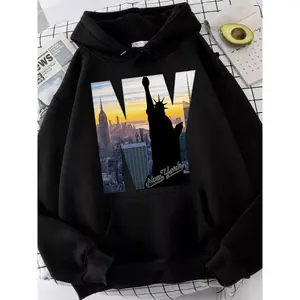 Women's Skyline & Statue of Liberty Hoodie - NYC-Themed Sweatshirt with Iconic Landmarks (Empire State, One World Trade), Pocket, Machine Washable Fall/Winter Casual Wear, Black & White Manhattan Print