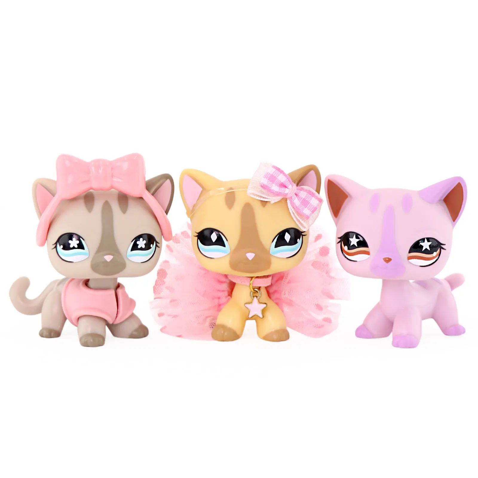 3-Piece Star Smooth Plastic Cute Mini Shorthair Cat Figurines Set with Detailed Eyes, Bow, Tutu Skirt Accessories - Collectible Home Decor Statues, Gift for Girls Kids’ Birthday Party