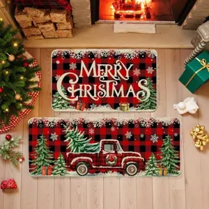Christmas Kitchen Decorations Farmhouse Truck Red Buffalo Plaid Xmas Mats Set of 2 for Home Bathroom Indoor Damp Drops Outdoor Variety Waters Matte Rubber