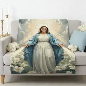 Blessed Virgin Mary Miraculous Grace Catholic Christian Gift Soft Cozy Flannel Blanket Heavenly Light White Lily Religious Print Plush Throw Warm Fuzzy Bedroom Sofa Blanket Perfect Faith Gift for Women Mom Grandma Birthday Holiday Home Decor