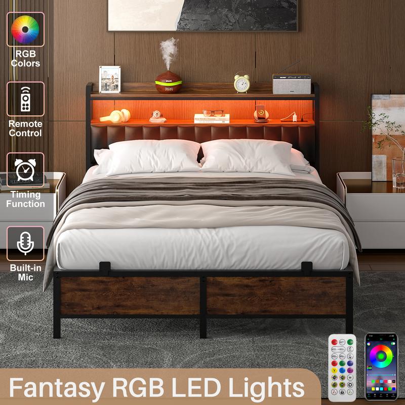Homieasy Bed Frame with Charging Station and LED Lights, Adjustable Upholstered Headboard, Steel Slat Support, No Box Spring Needed, Rustic Brown king  bed Unique Bedroom Furniture