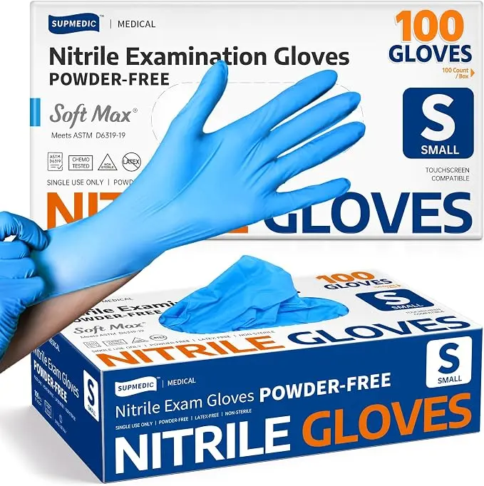 Medical Soft Max Nitrile Exam Gloves, Powder-Free Disposable Blue Pack Smooth (100 Ct) - Soft Stretch Fit, Latex-Free - Ideal for Examination, Cooking, Food Prep