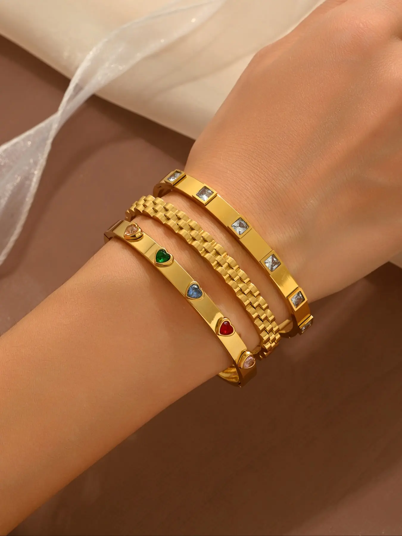 Women's Bangles Set, Stainless Steel Heart Design Jewelry, Casual Style, All-Season Wear, Lucky Charm Accessory, Stackable Bracelets