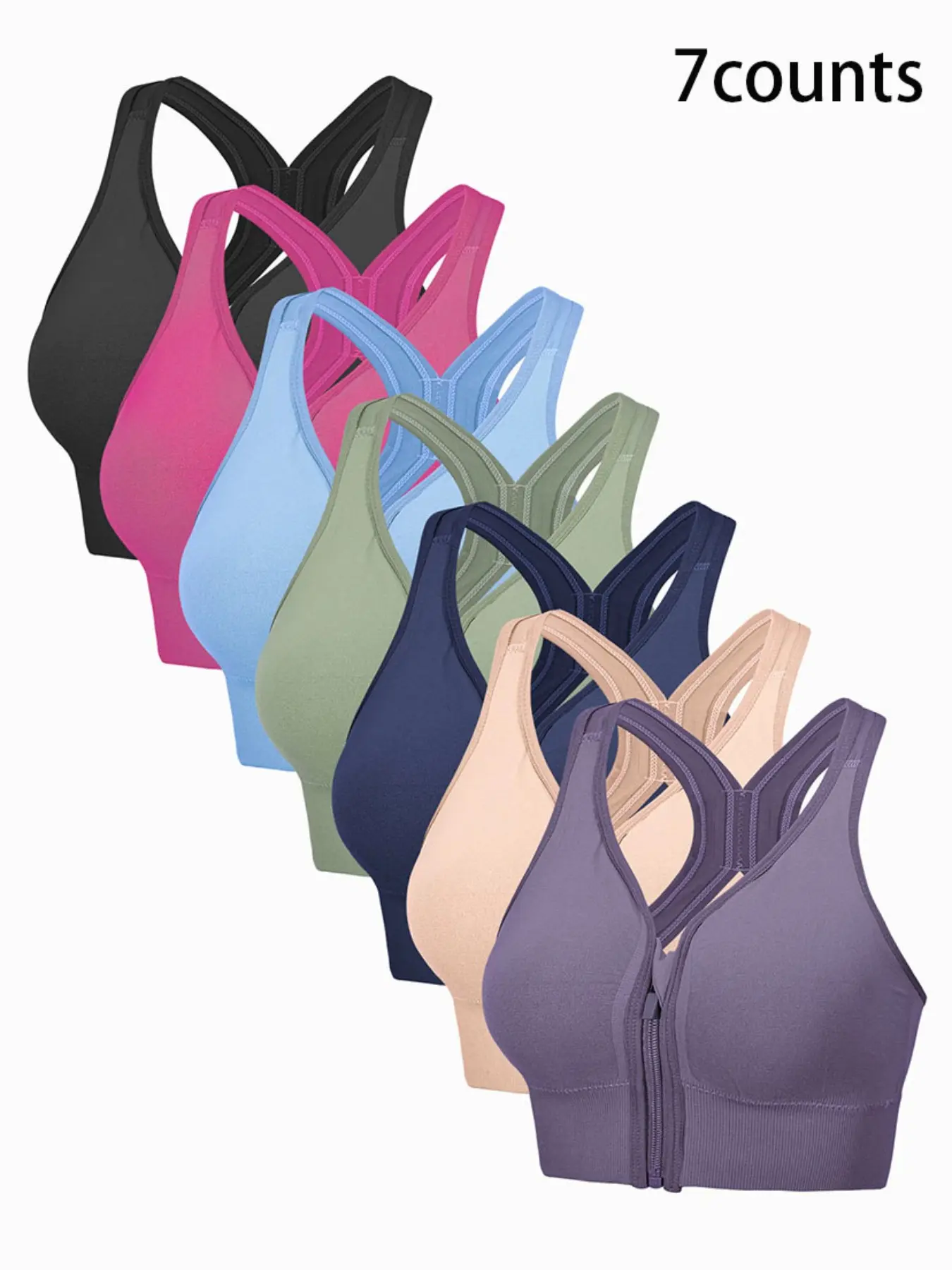 Women's Cross Back Sports Bra, Deep V Design, Wireless, Medium Support, Front Zip, Sporty Style, 7 Pcs Set, Ideal for Yoga & Fitness, Sports Bra Pack
