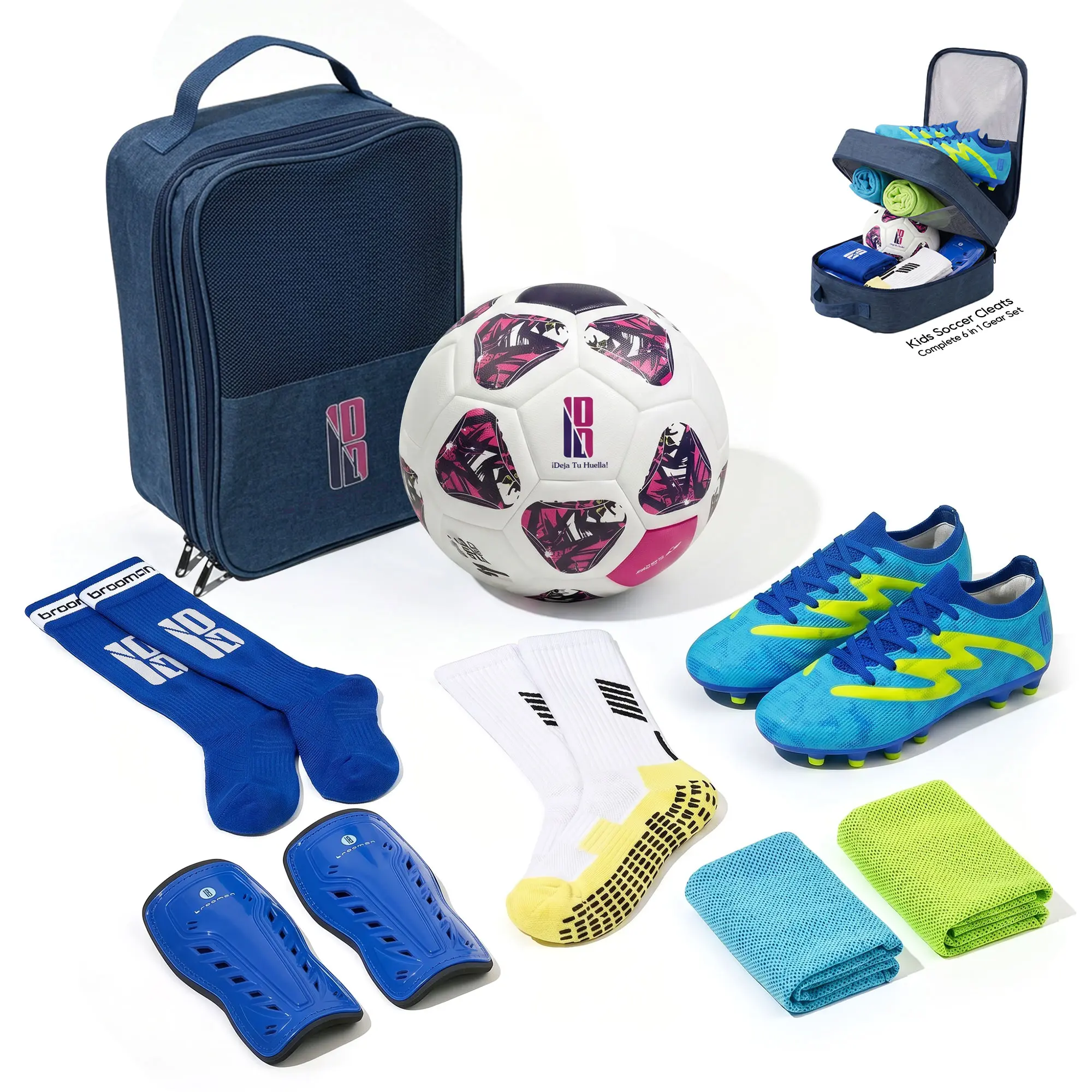 brooman GameDay Pro 6-in-1 Soccer Kit Firm Ground Soccer Cleats with Soccer Ball, Shin Guards, Socks & Wristband Cooling Towels