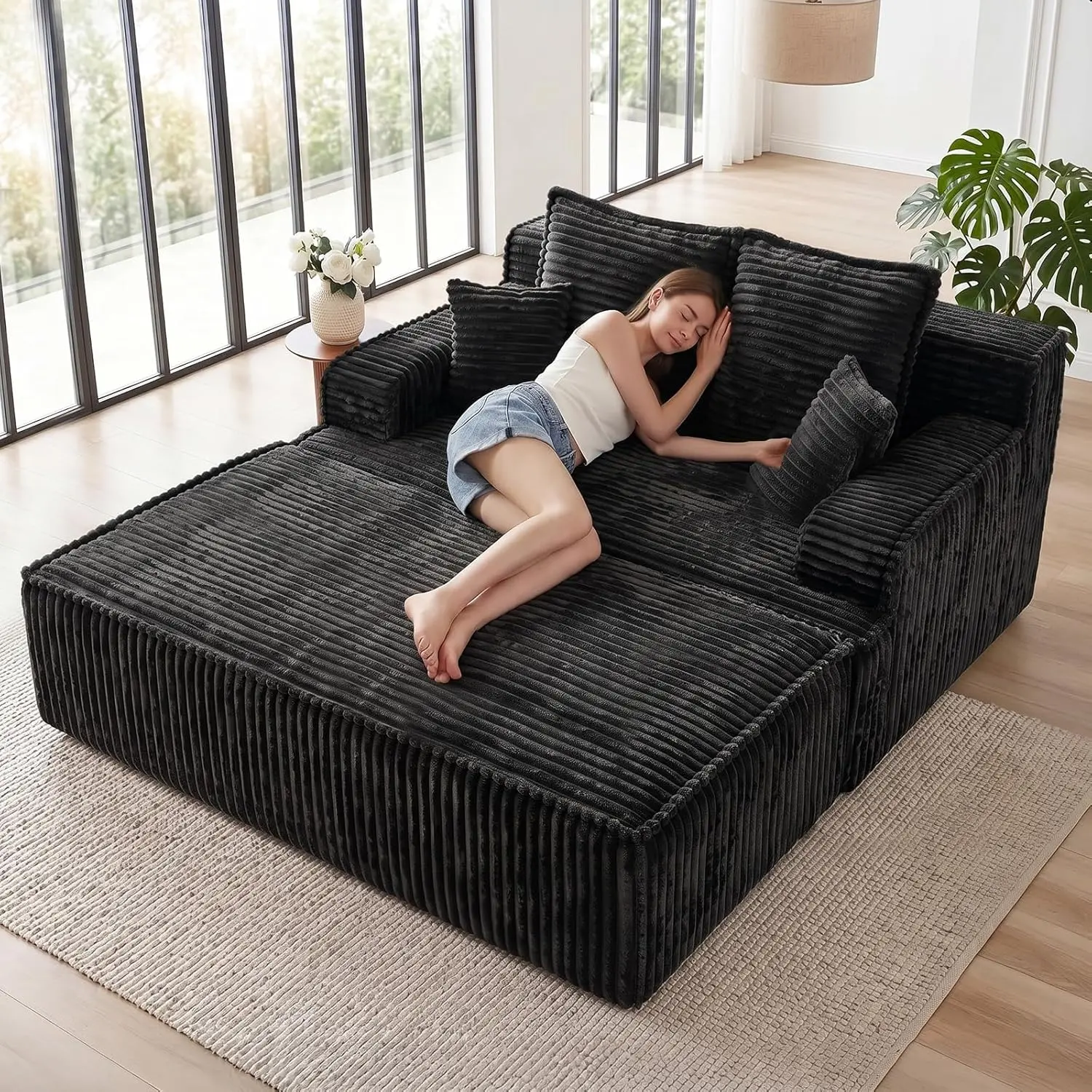 Winzoo Chaise Lounge Chair Indoor,Boneless Chair with Ottoman,Comfy Reading Chair for Adults,Small Sofa Bed Couch for Living Room,Single Sleeper Chair Bed,Black