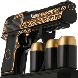 MERCURY CERAMIC Gun Shaped Whiskey Decanter Set 18 Oz with 3 Bullet Shot Glasses and Wooden Stand – Handmade Tequila Bottle, Liquor Dispenser for Home Bar Decor – Unique Elegant Birthday Gift for Dad Men Boyfriend Husband - Regalos para Papa Hombre Amigo