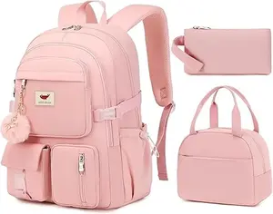 3 PCS Laptop Backpack 15.6 Inch Elementary Middle High School Bag College Backpacks with Lunch Box Pencil Pouch Set Travel Bookbags for Teens Girls Women Students