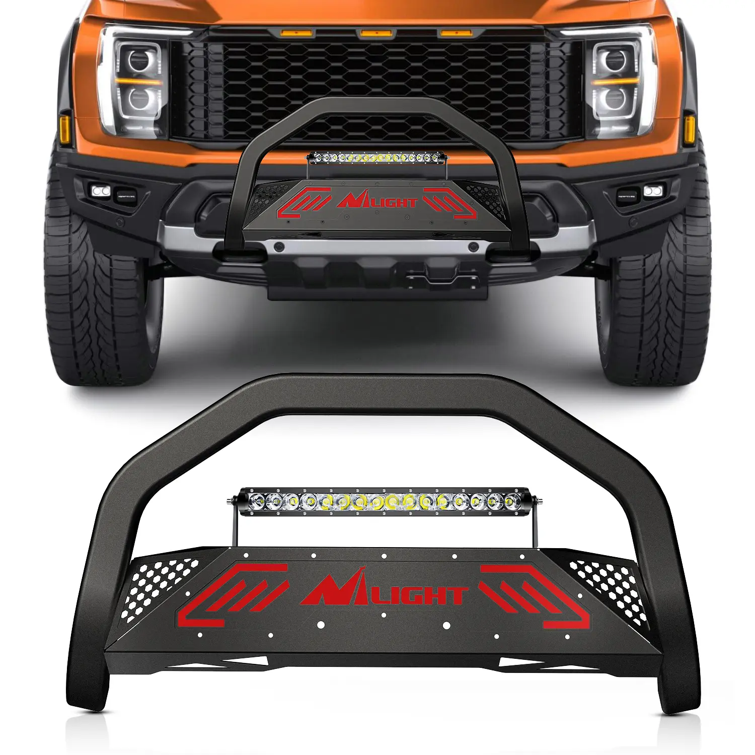 Nilight Steel Bullbar Front Bumper Push Bar Brush Guard Truck Accessory for Ford F-150 2004-2023 & Lincoln Trucks, LED Light Bar, License Plate Holder, Gravel Shield, Dual-Mesh Grid, Light Mount, Direct Bolt-On, Aggressive Look
