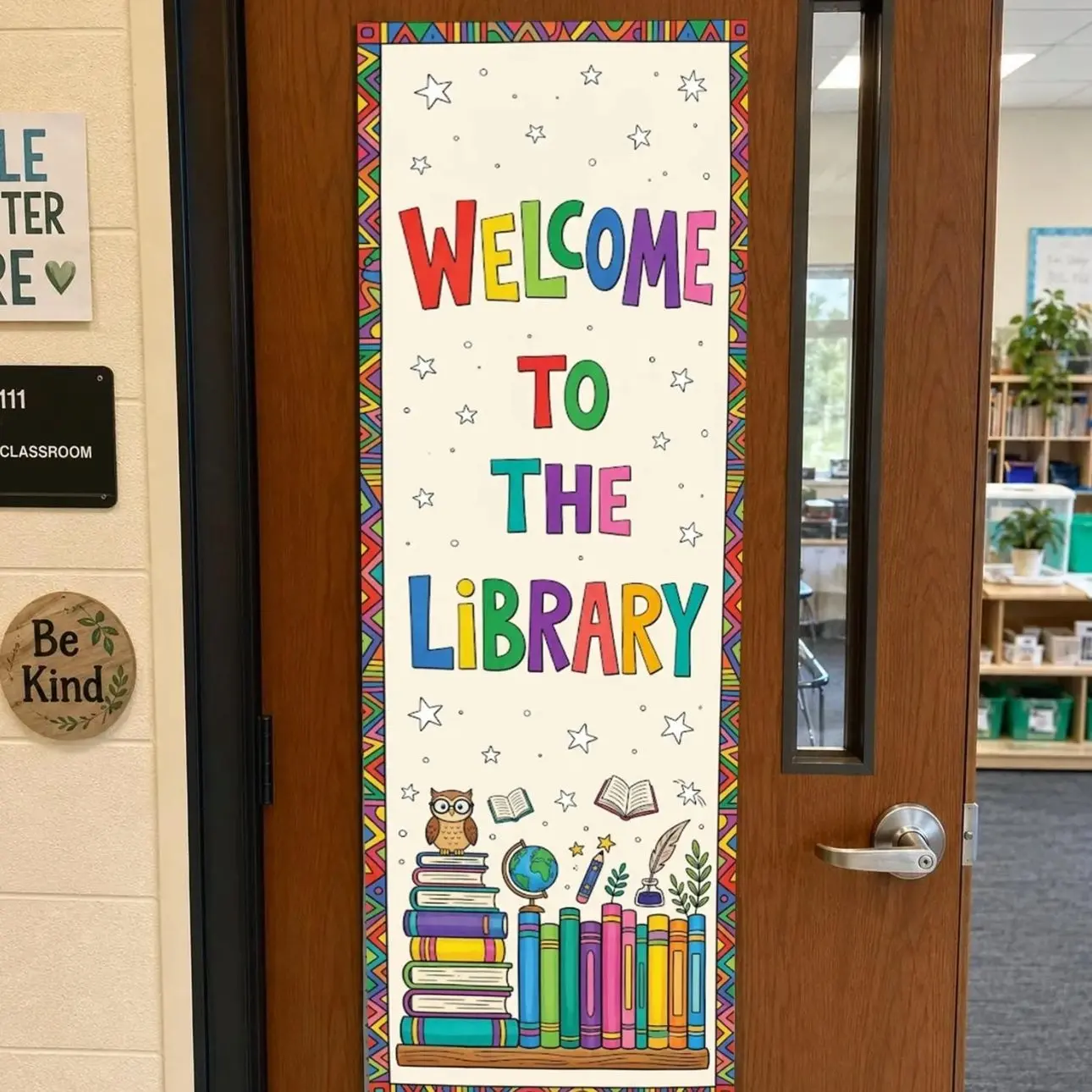Welcome to the Library Door Banner: Colorful Linen Tapestry, Owl and Books