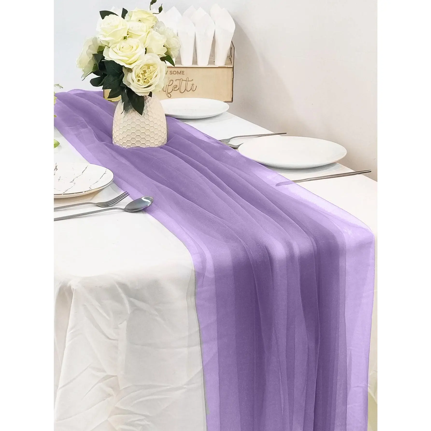 1pc Plain Light Purple Polyamide Blend Yarn Rectangle Dining Table Runner (63x78 in) with Rectangle Body - Home Decoration, Holiday Festive Event Supply