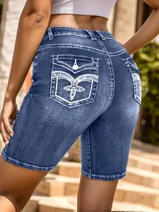 Women’s high-waisted embroidered denim Bermuda shorts — stretchy, slim fit, knee-length or mid-thigh length; American vintage casual shorts