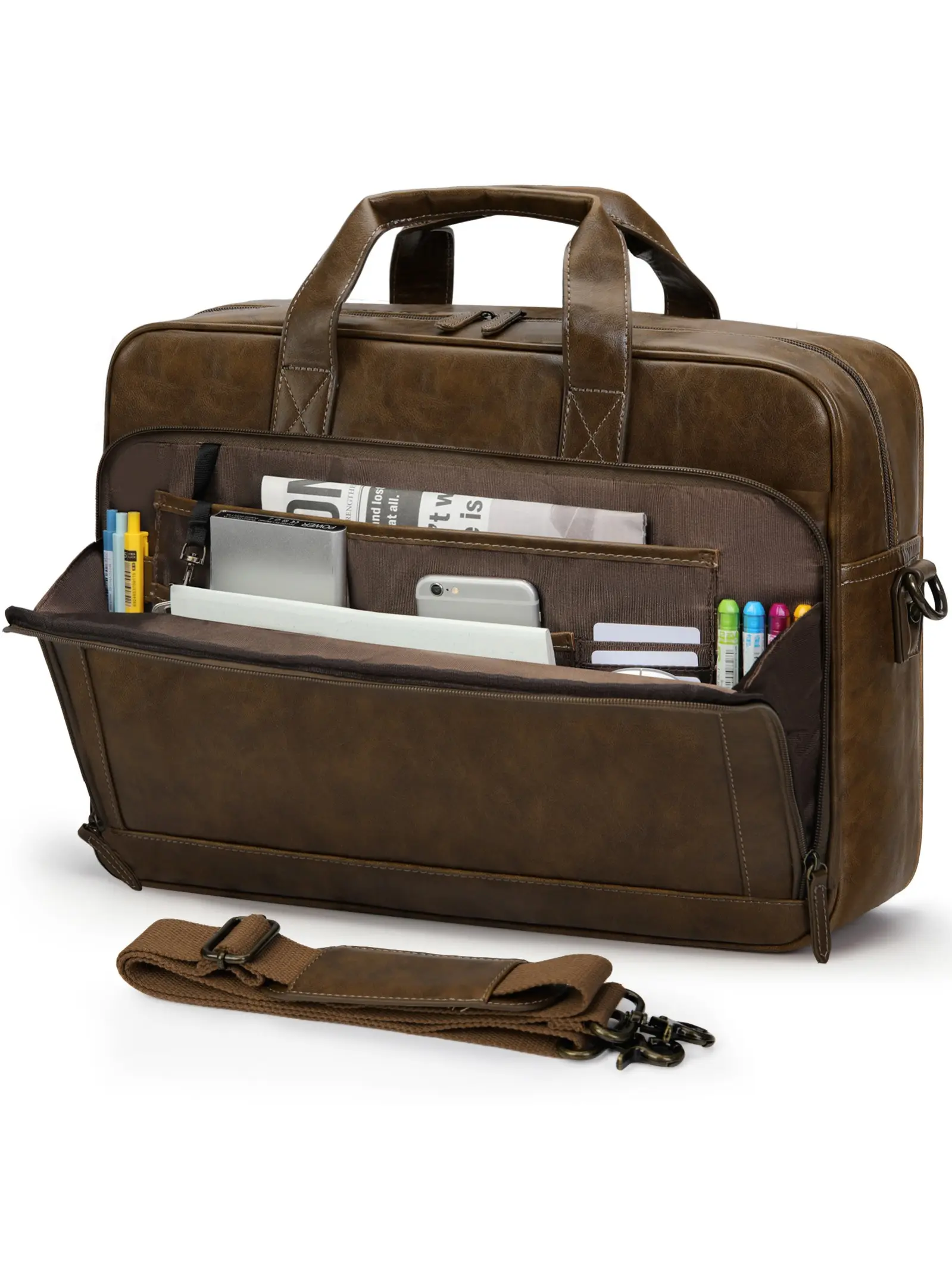 Men's 16 Inch Durable Leather Briefcase, Vintage Messenger Bag, Large Capacity Multiple Pockets Crossbody Backpack, Office Laptop Bag, Retro College Style Travel Essentials