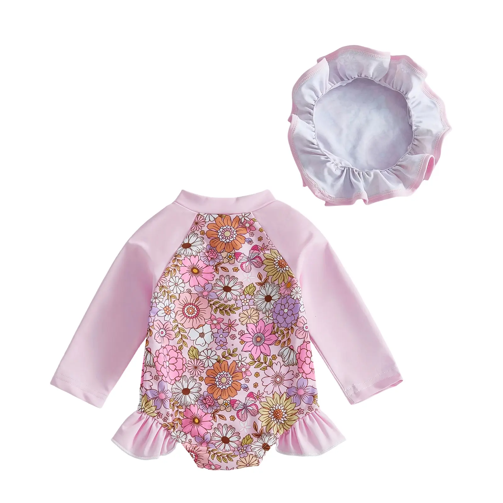 Infant Toddler Rashguard Set, Floral Print Swimwear with Long-Sleeve Swim Shirt, Zipper Bathing Suit and Hat for Beach Wear, Toddler Swim Shirt