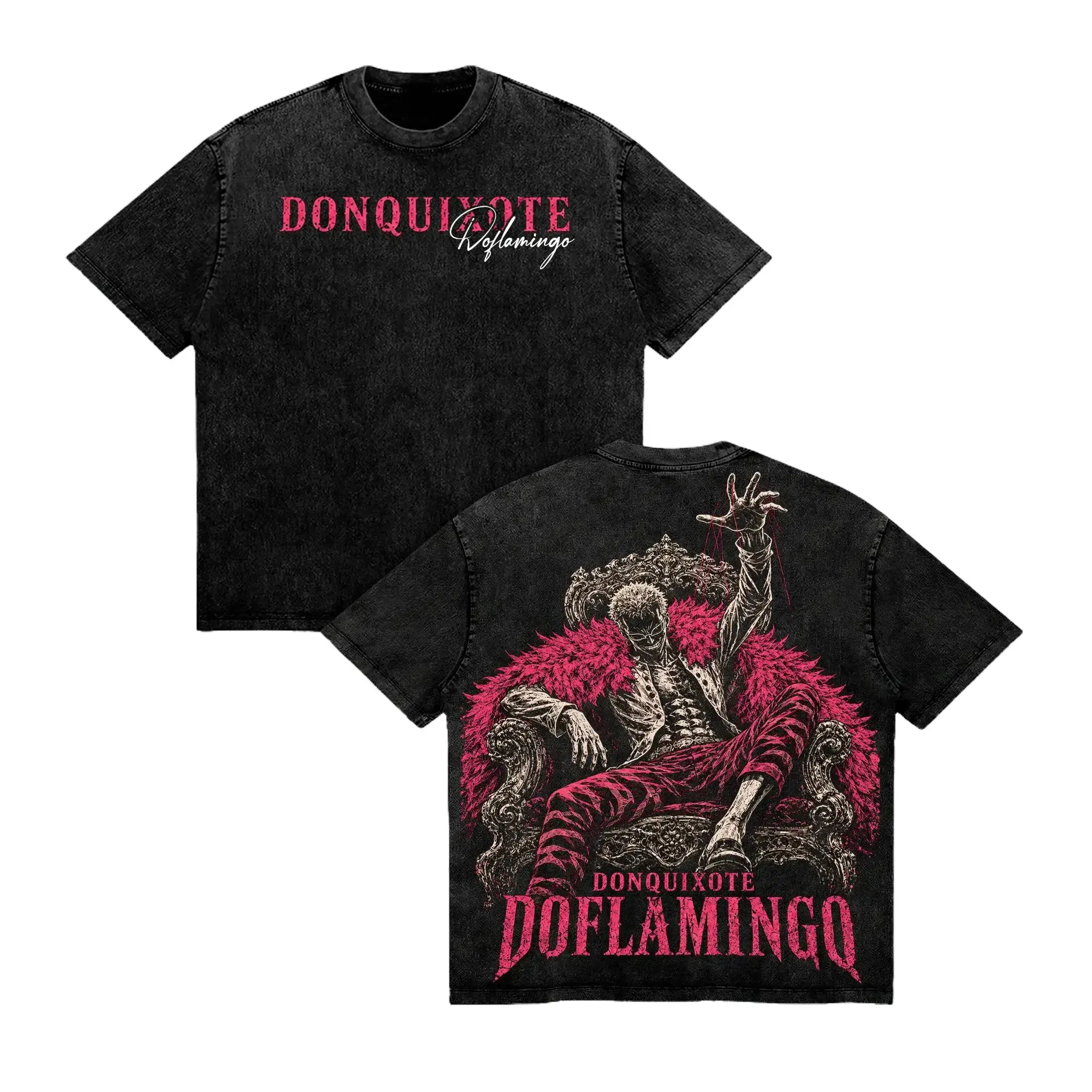 Donquixote Doflamingo Vintage Washed Heavyweight Cotton Oversized Anime Graphic T-Shirt High-Res 2D Print Streetwear Round Neck Short Sleeve Machine Washable Summer Casual Top Unisex Retro Manga Apparel Daily Otaku Gifts For Japanese Animation Fans Tee