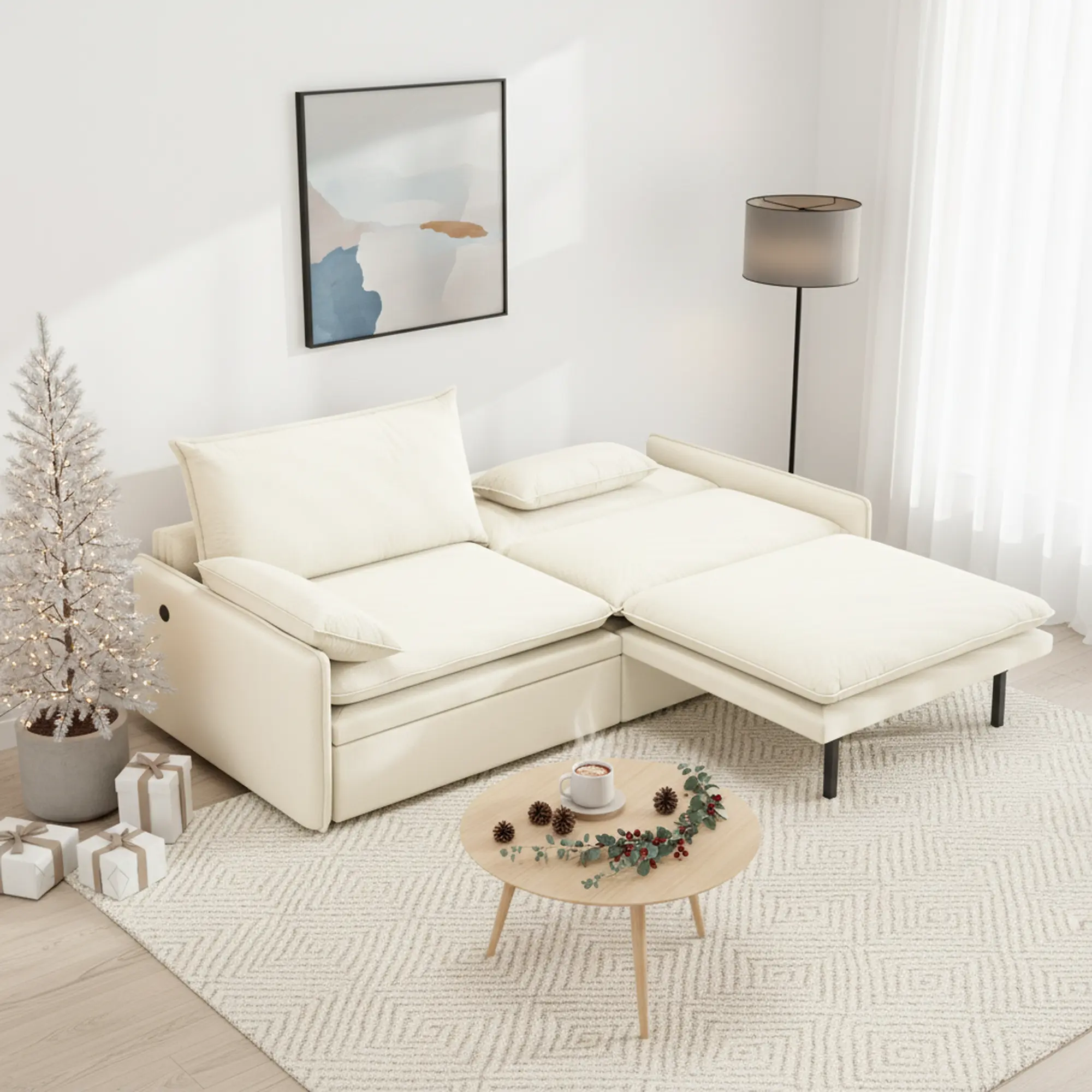 Homy Casa 4-Seat Convertible Sleeper Sofa Bed 91" Chenille Cloud Couch with Deep Seat USB Port Storage Beige White Modern Living Room Black Friday Christmas Gift