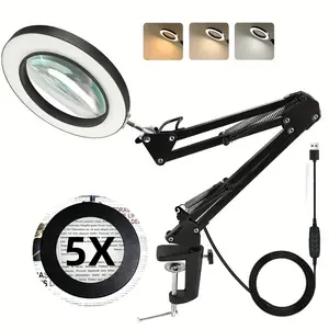 Magnifying Glass with Light and Stand, Desk Mount, Adjustable Arm and Base for Reading, Nail Art, Sewing, Precision Work and Precision Tasks, USB Powered and Energy Efficient
