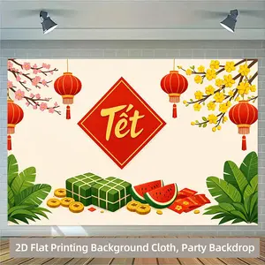 1PC,2D Flat Vietnamese New Year Tết Theme Backdrop, Spring Festival Party Decoration Background Cloth, New Year Festival Scene Layout Hanging Cloth, Photography Backdrop, New Year Atmosphere Creatio