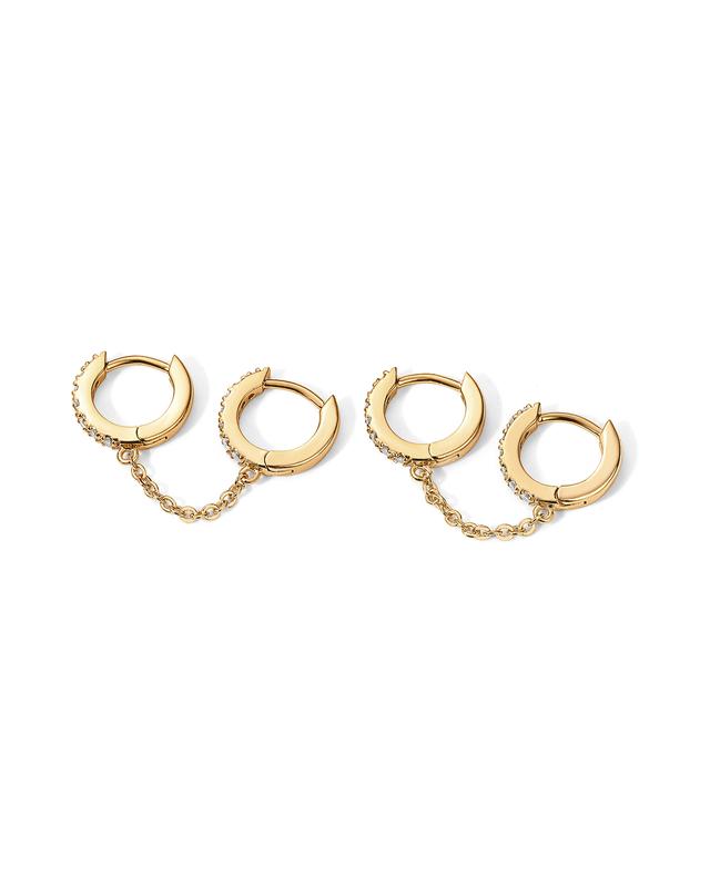 PAVOI 14K Gold Chain Earrings for Women | Double Piercing Dangle Chain Huggie Hoop Earrings |Double Cubic Zirconia  Stud Ear Cuff Earrings for Women