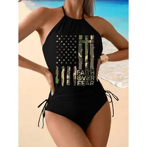 Halter Tops 2-Piece Tankini Swimsuit Set - Christian Faith Overcomes Fear Print, Camouflage American Flag Design, Tummy Control, Drawstring, Sports & Outdoor Swimwear