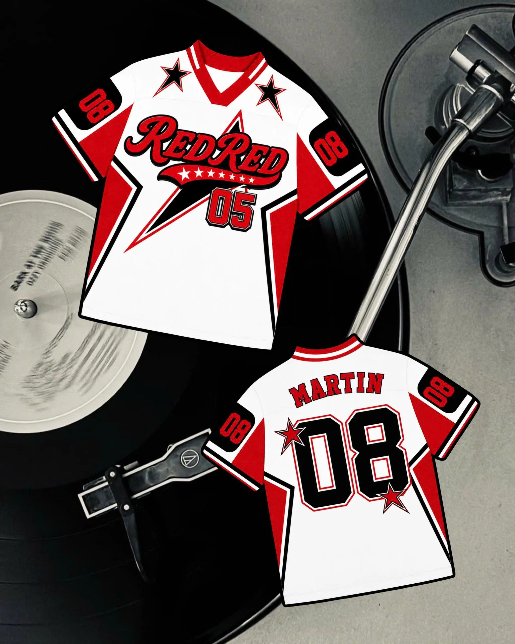 Red Red 05 Martin 08 Baseball Jersey, Retro Star Graphic Sports Shirt, Red White Black Fan Jersey, Music Inspired Streetwear Top