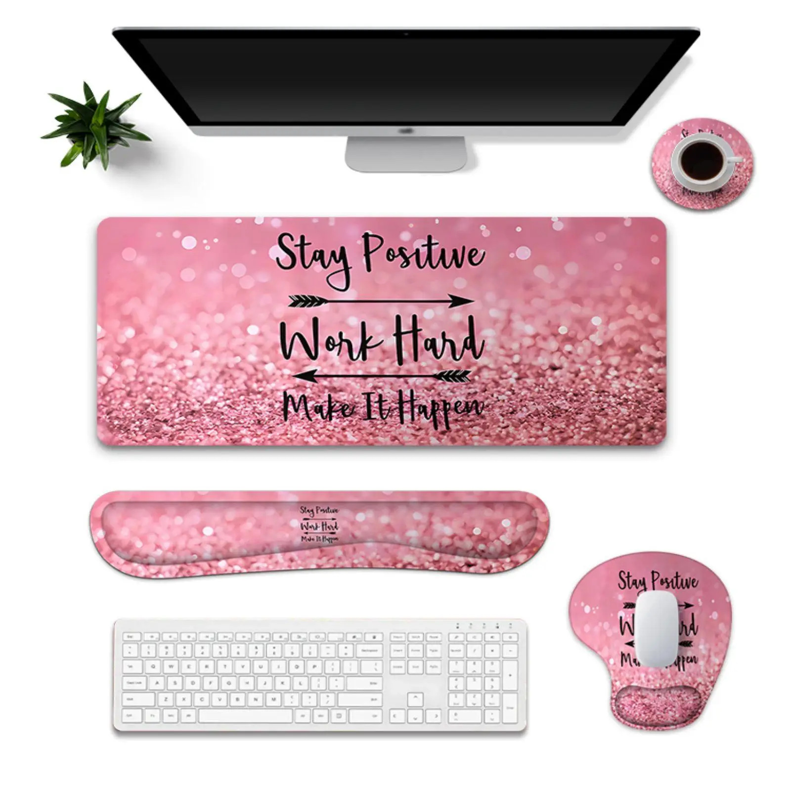 4-in-1 Ergonomic Pink Marble Desk Set, Glitter & Letter Pattern Mouse Pad, Ergonomic Wrist Support Mouse Pad with Wrist Support, Comfortable Home Offi