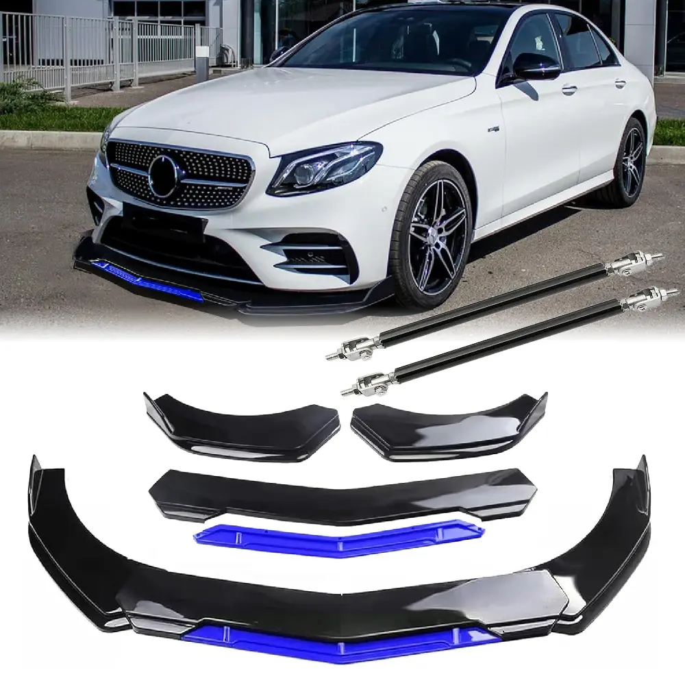 Universal Fit Adjustable 4PCS Car Front Bumper Lip Chin Spoiler Splitter - Glossy Black w/Blue Tongue Diffuser Protector Air Dam Body Kit, 2PCS Strut Rods, Cars