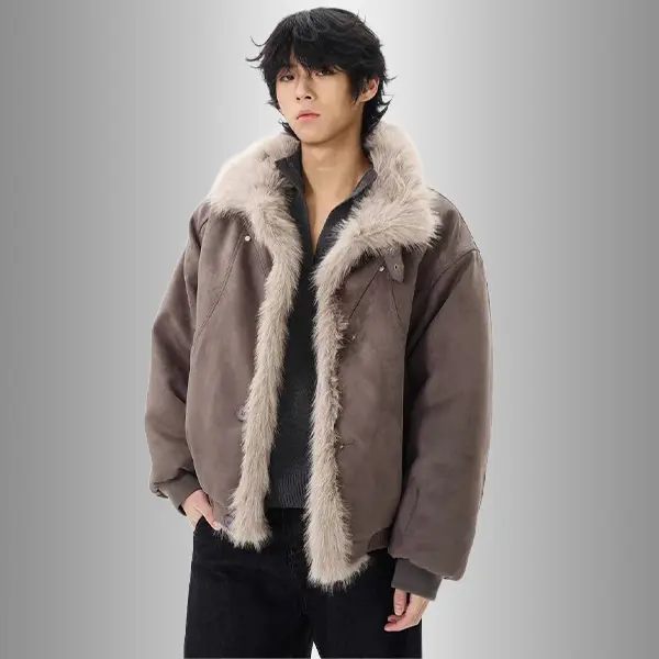 Menswear Long Sleeve Cotton-Padded Vintage Mountain Carving Fur Collar Coat, Stylish High-End Loose Thick Tops, Casual Beige Jacket