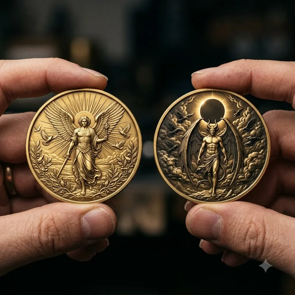 Archangel Michael vs Lucifer Full Gold Coin, Double-Sided Good vs Evil Challenge Coin, Heaven vs Hell Collectible, Christian Angel vs Devil Art, Religious Gift, Gold Keepsake Coin