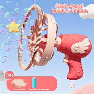 Angel Bubble Gun Machine - Bubble-in-Bubble Blower for Kids, Automatic Leak-Proof Outdoor Toy with Bubble Solution & Tray