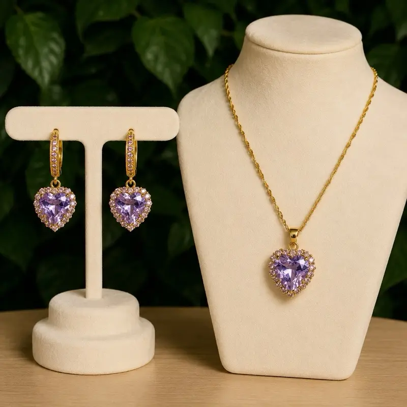 Lilac Purple Heart 2-Piece Gold-Dipped Necklace and Earrings Jewelry Set for Everyday Wear, Daily Accessory
