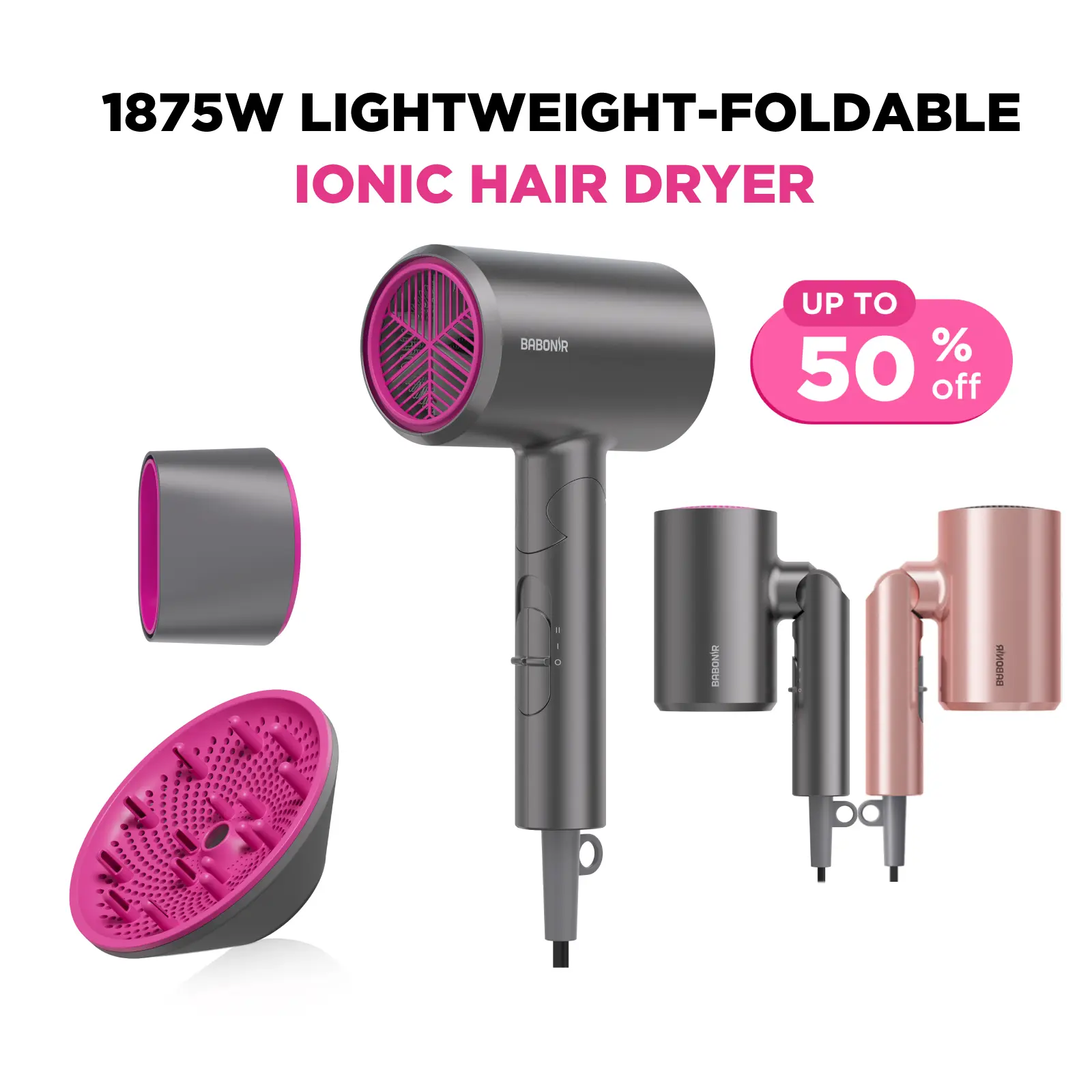BABONIR 1875W Ionic Hair Dryer (Beauty Products) - Ionizer, Heat Protection, Quick-Dry, Frizz Reduction, Concentrator, Diffuser for Curly Hair, Lightweight Quiet Foldable Travel Compact, Abs, Women's Holiday Gift (Grey, Pink)