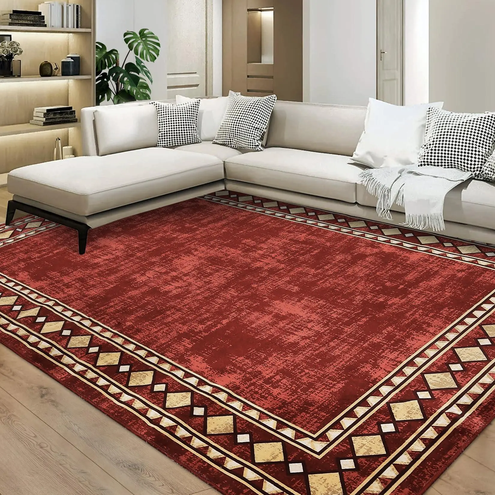 GARVEE 8x10ft Minimalist Rectangular Bordered Runner Rug - Washable, Stain-Resistant, Non-Slip Indoor Carpet for Hallway, Entryway, Maroon