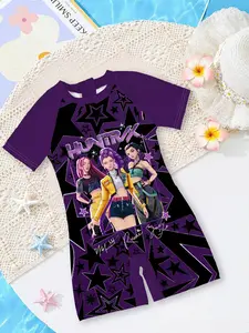 Girls' one-piece swimsuit "HUNTRIX Girl Group Cool and Sassy Style" features a black and purple color-blocking + all-over star print design, trendy, cool, and eye-catching, instantly enhancing the summer pool / beach water-play atmosphere!