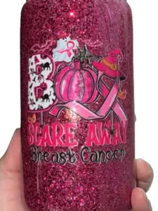 Breast Cancer 16oz Glitter Water Bottle with Scare Away Design and Pink Ribbon Theme BPA Free Halloween Inspired Drinkware