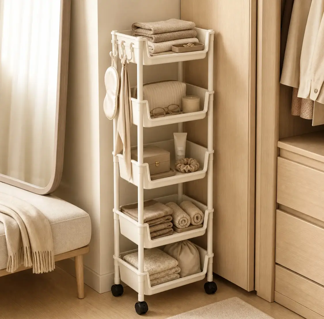 Large Rolling Organiser Rack - Mobile Storage Cart, Space Saver for Dorm Room & Bedroom Book/Snack Storage