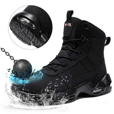 【SohoChic】Men's Ankle-High Round Toe Steel Toe Waterproof Work Boots with Zipper, Air Cushion - Non-Slip, Wear-Resistant, Lightweight All-Seasons Work & Safety Footwear for Construction Workers, Ideal for Heavy Lifting, Father's Day Gift