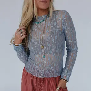 MULLVEIG Women's Sheer Floral Lace Long Sleeve Crew Neck Slim Fit Top Sexy See Through Tee Shirts Casual Blouse