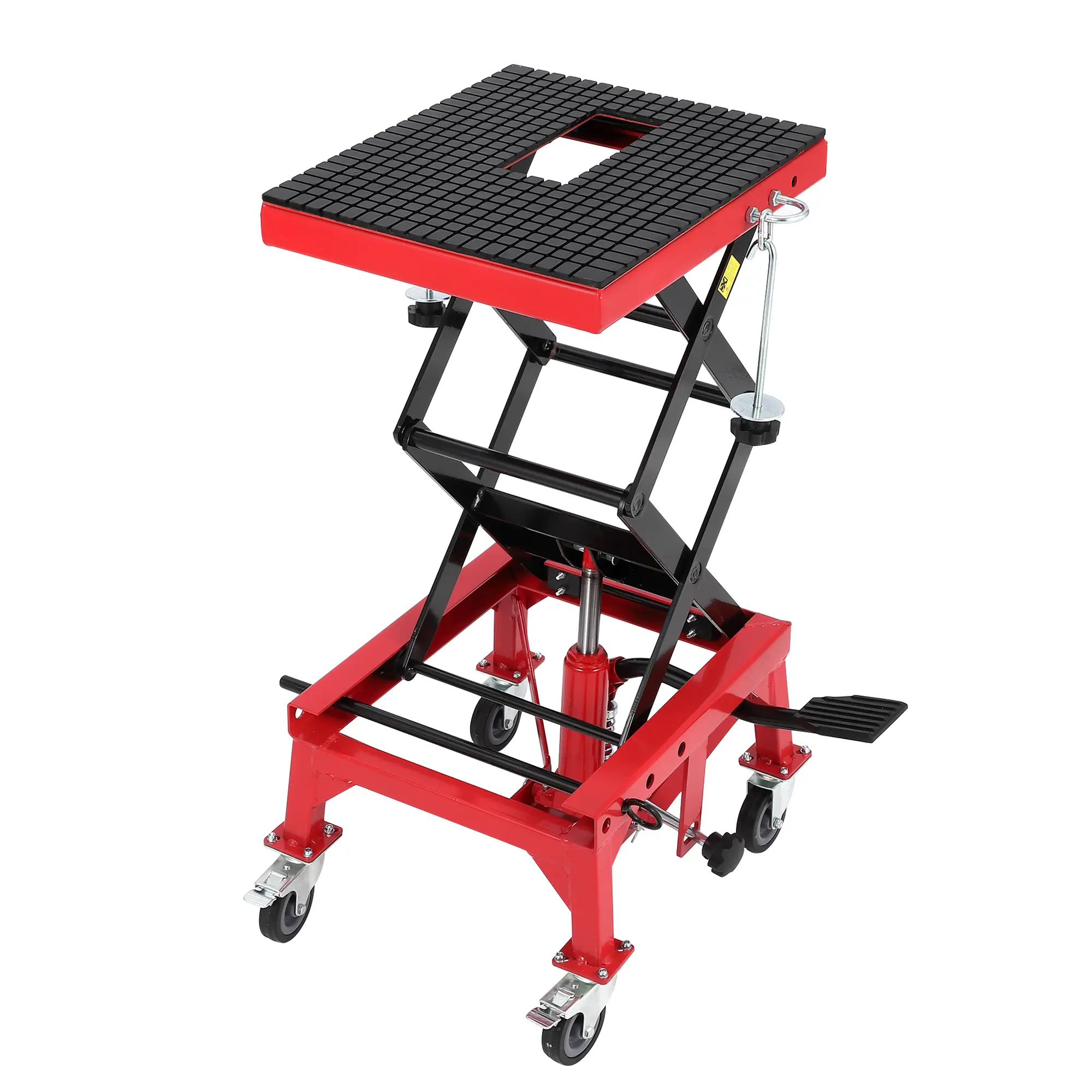 350lbs Hydraulic Motorcycle Scissor Lift Jack - with Adjustable Height 13.8"-34.3", Foot-Operated, Safety Lock, Wheels, Oil Drain Hole - For ATV & Dirt Bike Maintenance   Heavy-Duty Steel Lift Table