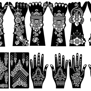 12 Sheets Large Henna Tattoo Stencils Kit,Reusable Self Adhesive Tattoo Template For Women Girls Hand Body Paint Indian Arabian Tattoo Stickers Makeup Cosmetic